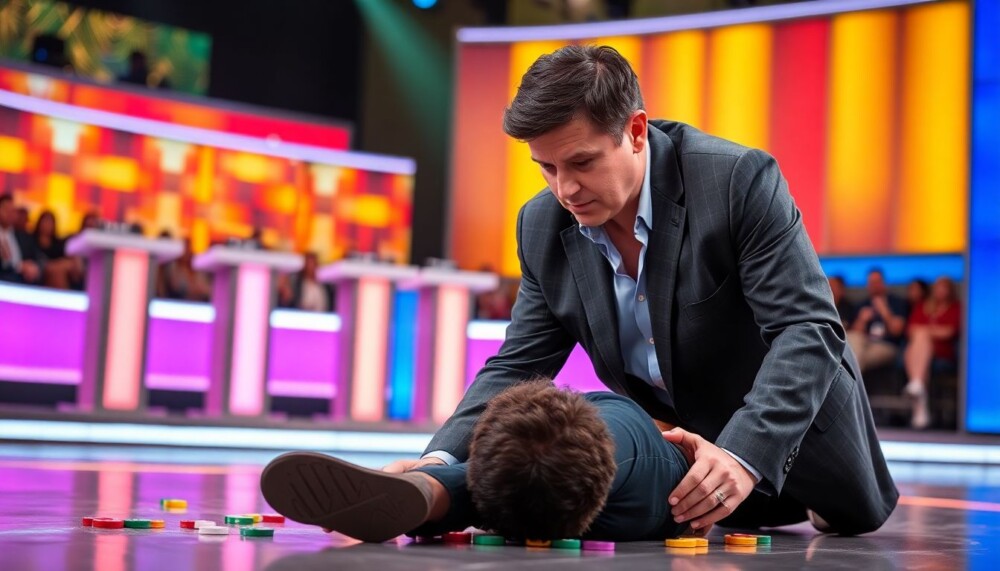 Cyril Féraud assiste un candidat après une chute violente sur le plateau de « Tout le monde veut prendre sa place » Cyril Féraud assiste un candidat après une chute violente sur le plateau de « Tout le monde veut prendre sa place »