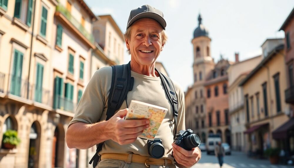 En pantalon de randonnée et casquette, Michael Douglas illustre le cliché du touriste en Italie