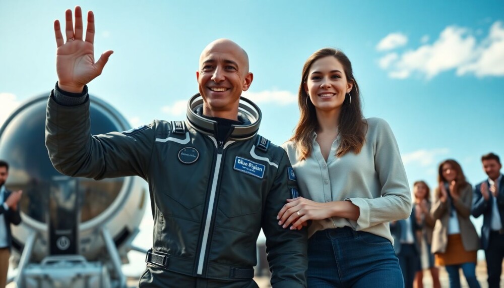 Jeff Bezos trébuche en saluant sa fiancée et son équipe après un vol spatial de Blue Origin
