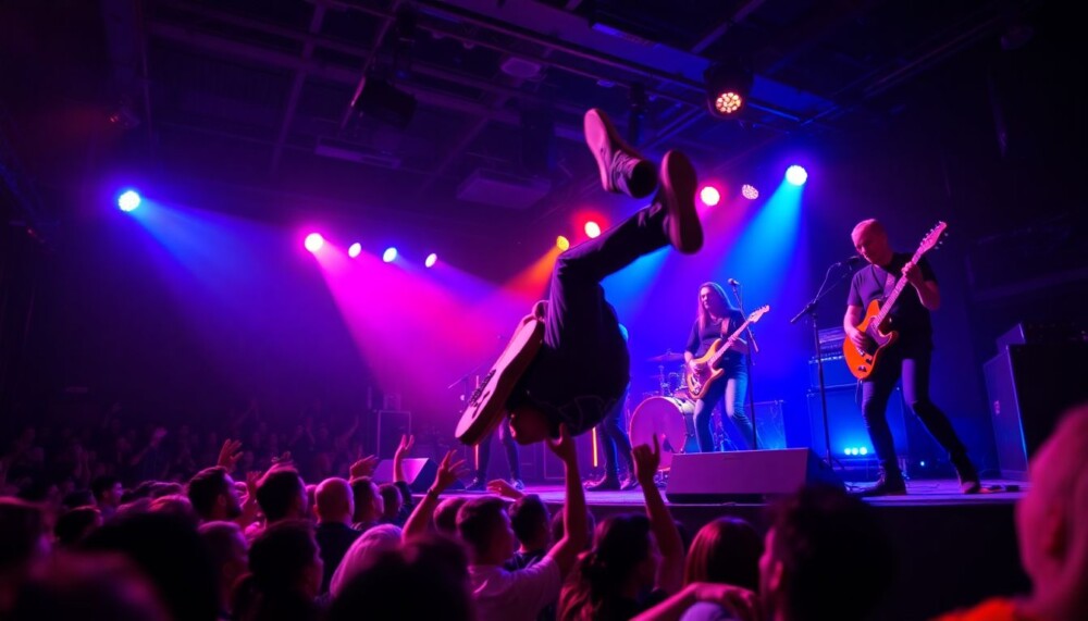 Le guitariste chute de scène, mais le groupe continue à jouer sans s’en apercevoir