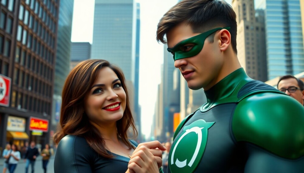 Lois Lane raille la coupe au bol de Guy Gardner, le Green Lantern, dans une scène de Superman Lois Lane raille la coupe au bol de Guy Gardner, le Green Lantern, dans une scène de Superman