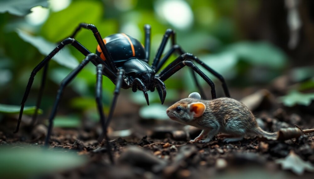 Noble araignée fausse veuve découverte en train de s’attaquer à une musaraigne pygmée