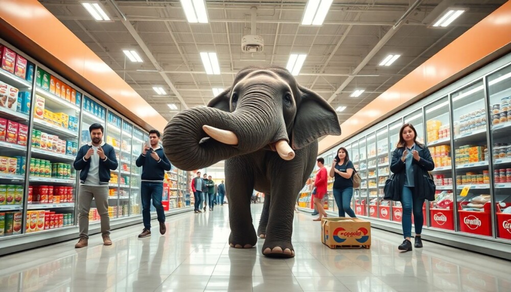 Un éléphant entre dans un supermarché et vole des provisions Un éléphant entre dans un supermarché et vole des provisions