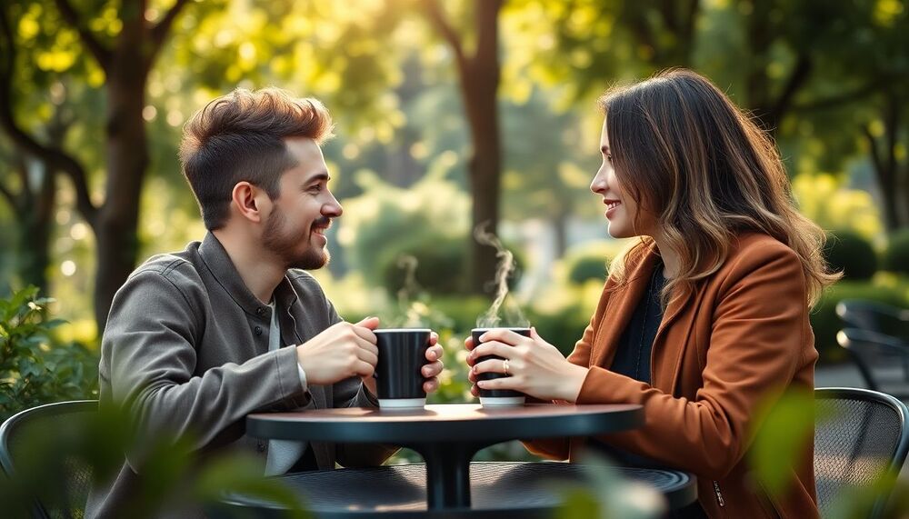 Inattendue pause-café en couple, juste avant de reprendre les activités Inattendue pause-café en couple, juste avant de reprendre les activités